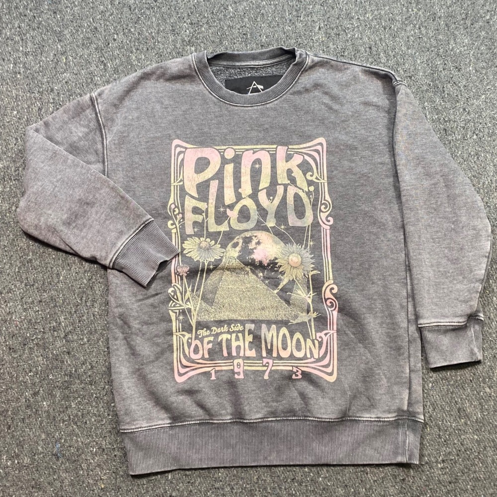 Pink Floyd Dark Side of the Moon Sz L Mens Gray Grunge Acid Wash Crew Sweatshirt